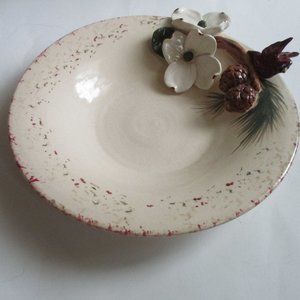 *Handcrafted Cardinal and Pinecones Decorated Cream Colored Plate